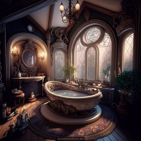 Fantasy Castle Bathroom, Dark Fantasy Bathroom, Architecture Renovation, Fairytale House, Fantasy Rooms, Dream Bath, Fantasy Homes, Fantasy House, Gothic House