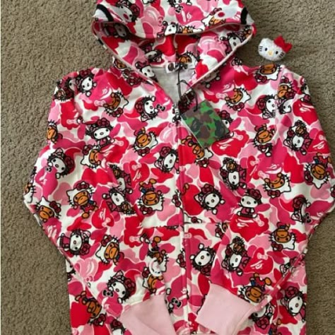 Brand New With Tags, Rare Hello Kitty Bape Hoodie Bape Hello Kitty, Bape Hoodie Outfit, Hello Kitty Bape, Pink Bape Hoodie, Designed Hoodies, Rare Hello Kitty, Bape Jacket, Chanel Heels, Bape Hoodie