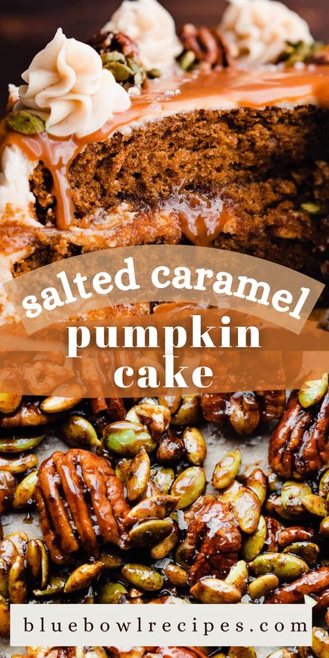 Stick-to-your-fork moist layers of one-bowl spiced pumpkin cake are filled with Cinnamon Cream Cheese Frosting, Salted Caramel Sauce, and Candied Cinnamon Pecans & Pepitas. This show stopping dessert is perfect for Thanksgiving, Halloween, or any fall celebration! #pumpkincake #halloweencake #thanksgivingcake #thanksgivingdessert #layercake #pumpkinspice #saltedcaramel #caramel #pecan #pumpkindesserts #pumpkin #fallbaking #fallcake #falldesserts #bluebowlrecipes | bluebowlrecipes.com Pumpkin Butterscotch Bundt Cake, Carmel Pumpkin Cheesecake Recipes, Caramel Pumpkin, Pumpkin Soup Healthy, Salted Caramel Cake, Thanksgiving Cakes, Starbucks Pumpkin, Pumpkin Spice Cake, Salted Caramel Sauce