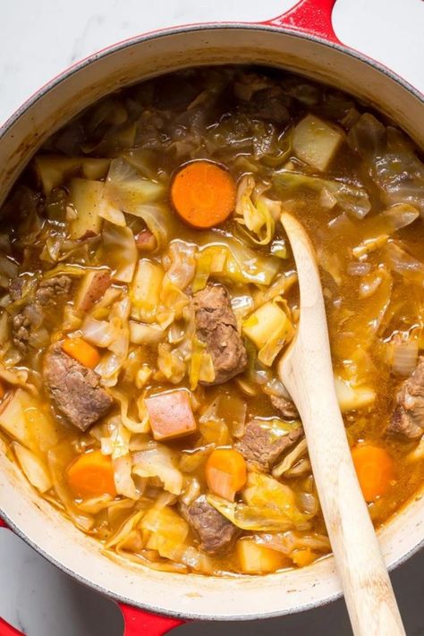 Warm up with this healthy and delicious beef and cabbage stew recipe! Made with tender beef and hearty cabbage, this crockpot or Instant Pot stew is perfect for any night of the week. Follow our easy step-by-step guide and discover how to make the best beef and cabbage stew at home. Try this recipe today and enjoy a cozy and comforting meal! Cabbage Stew Recipe, Seasonal Dinner Recipes, Easy Winter Soups, Beef Stew Crock, Instant Pot Stew, Cabbage Stew, Dinner Recipes Healthy Family, Beef Cabbage, Beef And Cabbage