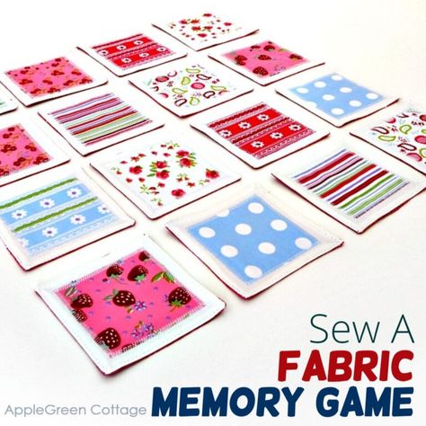 This diy fabric memory game is so much fun! Grab the easy sewing tutorial and the free memory game template and make a set. Matching scraps can be easily turned into a cute set of fabric cards for a memory game. A great DIY birthday present for children and adults alike! Fabric Memory Game tutorial and free pdf template. Kid Games, Scrap Fabric Projects, Card Games For Kids, Memory Games For Kids, Game Template, Fabric Cards, Diy Kids Toys, Operation Christmas Child, Cool Gifts For Kids