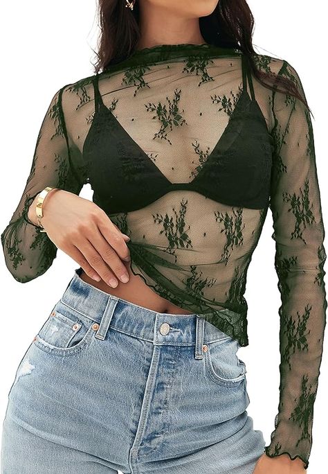 MEROKEETY 2024 Womens Mesh Sheer Long Sleeve Layering Top Mock Neck Lace Floral See Through Shirt Blouses Long Sleeve Layering, Sheer Long Sleeve, Layered Tops, Neck Lace, Mock Neck, Shirt Blouses, Layering, Button Down Shirt, Blouses