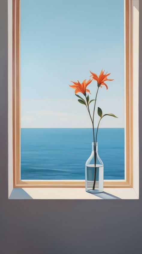 A flower in a vase outside the window with seascape background windowsill painting plant. | free image by rawpixel.com Windowsill Painting, Window Sill Plants, Flower In A Vase, Aesthetic Architecture, Outside The Window, Plant Aesthetic, Background Aesthetic, Plant Drawing, Ocean Art