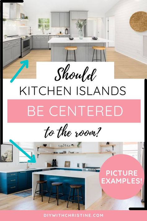 Island Not Centered In Kitchen, Off Centered Kitchen Island, Kitchen Island Off Center, Island Placement In Small Kitchen, Island Perpendicular To Kitchen, Kitchen Island Positioning, Off Center Island Kitchen, Kitchen Island Not Centered, Kitchen Island Placement Layout