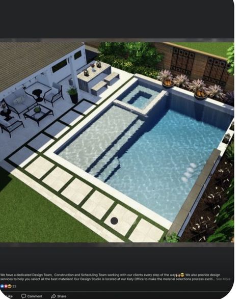 Coastal Pool Design, Smaller Backyard Pools, Pool Landscaping Rectangle, Sleek Pool Designs, Square Pool Ideas Backyards, Pool With Shelf And Spa, Rectangle Fiberglass Pool Ideas, Rectangle Pool Ideas, Corner Lot Pool Ideas