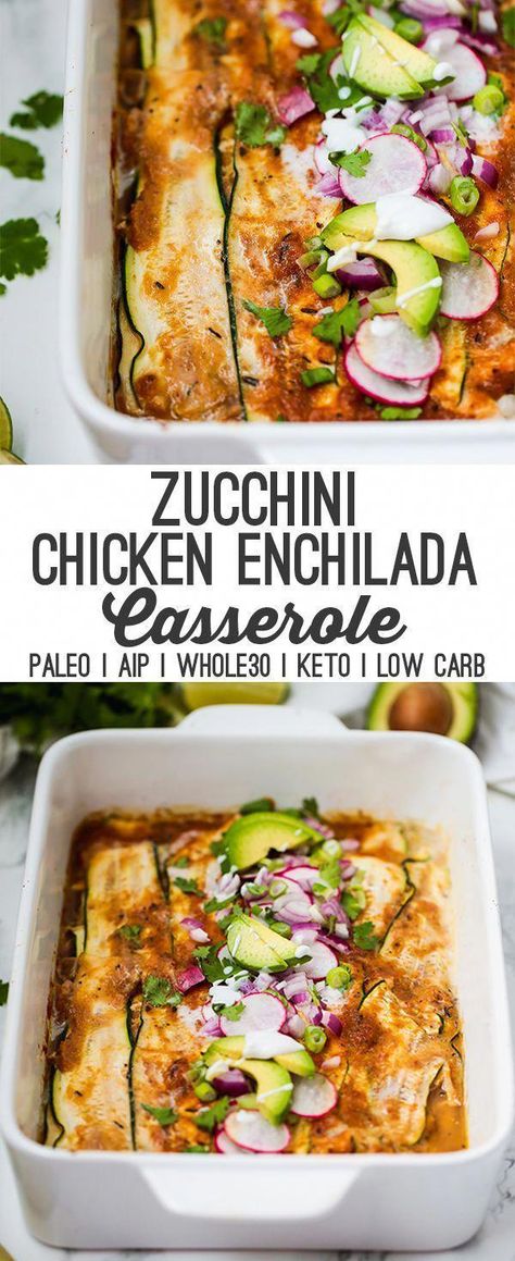 This zucchini chicken enchilada casserole has all of the enchilada flavors without the grains or dairy! It's easily made in one dish and is paleo, whole30, keto, and AIP with modifications. #whole30 #paleo #lowcarb #aip #healthy #healthydinner #keto #whole30recipes Casserole Enchilada, Aip Dinner, Zucchini Chicken, Zucchini Enchiladas, Paleo Menu, Unbound Wellness, Keto Thanksgiving, Whole30 Keto, Chicken Enchilada Casserole