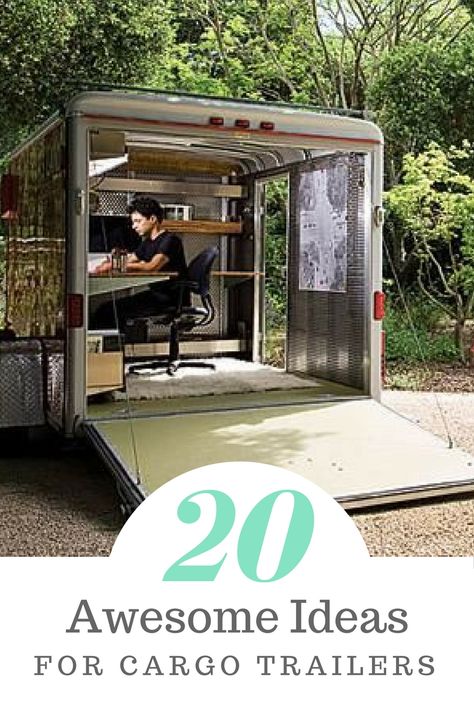 cargo trailer ideas for camper, office, tiny home conversions Cargo Trailer Office Conversion, Enclosed Trailer Office Ideas, Office Trailer Conversion, Craft Trailer Ideas, Cargo Trailer Interior Ideas, Box Trailer Conversion, Custom Cargo Trailers, Trailer Office Ideas, Cargo Trailer Storage Ideas