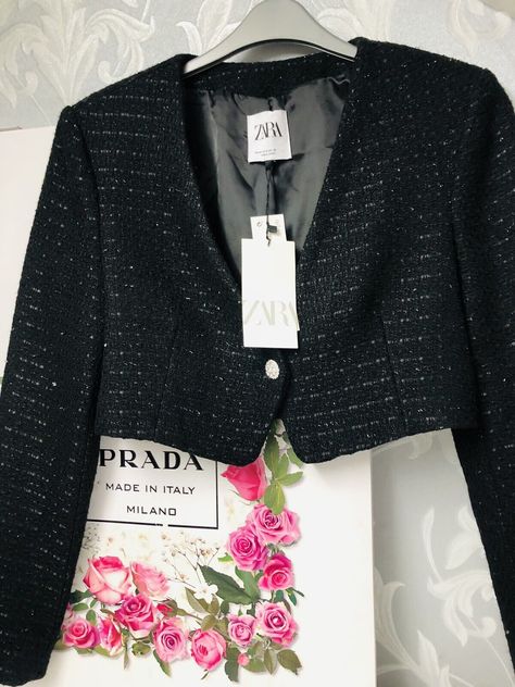 Black Crop Blazer, Zara Tweed Blazer, Zara Tweed, Wool Textures, Crop Blazer, Tweed Blazer, Black Crop, Blogger, Zara