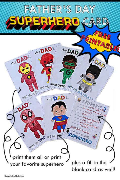 Father's Day Superhero Card for Dad. Dad is our favorite superhero so we designed a gift he can keep and display. This giant card is an easy and cheap father's day gift from the kids that he'll love. Add our other free prints to celebrate dad. We have an all about dad page, free superhero coloring pages, giant poster wishing dad a happy father's day, plus a father's day game and activity "pin the tie on dad" where you send him on a scavenger hunt.  #fathersdaygiftideas #fathersdaygiftsfromkids Cheap Fathers Day Gifts, Fathers Day Questionnaire, Father's Day Games, Superhero Coloring Pages, Fathers Day Art, Father's Day Activities, Superhero Crafts, Father's Day Printable, Superhero Coloring