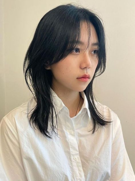 (Korean Layered Haircut) hush cut for medium length hair Hush Haircut Wavy Hair, Hush Cut Medium Length, Hush Cut Shoulder Length, Short Hush Cut With Curtain Bangs, Hush Cut Round Face, Short Hush Cut With Bangs, Medium Hush Cut, Hush Cut Hair Short, Hush Cut Hair Medium