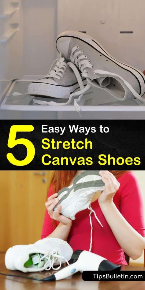 Learn how to stretch out a pair of shoes without causing blisters on your poor feet. Stretch canvas shoes with a hair dryer and an extra pair of socks or use your microwave to loosen tight shoes. #stretchcanvasshoes #canvasshoes #howtostretch Tight Shoes Hack, Stretching Shoes How To, How To Stretch Out Shoes, Stretching Shoes, How To Make Canvas, Shoe Tips, Stretch Shoes, Shoe Hacks, Shoes Png