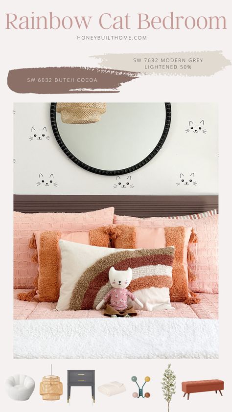 Girls Cat Bedroom Ideas, Cat Bedroom Ideas Kids, Bedroom Ideas Rainbow, Girls Bedroom Ideas Rainbow, Fluted Accent Wall, Bedroom Ideas Eclectic, Wallpaper Girls Bedroom, Diy Cat Wall, Cat Themed Bedroom