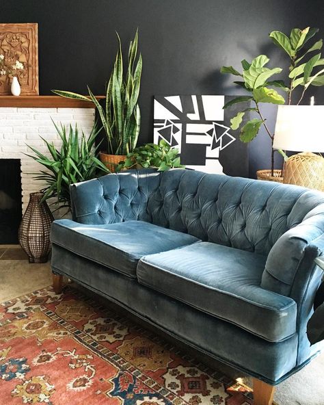 The couch and rug and black wall. Dark Blue Couch, Velvet Couch Living Room, Bamboo Nightstand, Teal Couch, Blue Velvet Couch, Blue Sofas Living Room, Blue Couch Living Room, Tufted Couch, Blue Couch