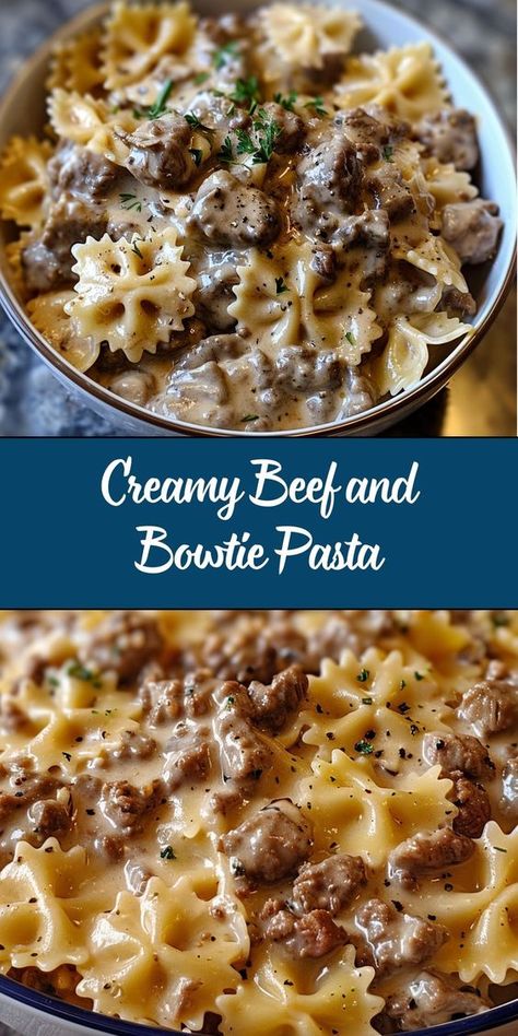 Creamy Beef and Bowtie Pasta is a quick, hearty, and comforting one-pot meal featuring tender ground beef, al dente bowtie pasta, and a rich, cheesy cream sauce. This simple dish is perfect for busy weeknights and guaranteed to be a family favorite! Cowboy Pasta, Beef Recipes Easy Dinners, Beef Pasta Recipes, Beef Pasta, Beef Casserole Recipes, Bowtie Pasta, Fast Dinners, Pasta Dinner Recipes, Supper Ideas