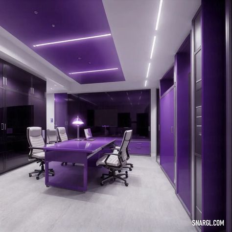 Purple office with a purple desk and chairs in it and a purple cabinet and a purple lamp on the wall. Colors, Dark slate blue. Aesthetic AI generated interior designs. Follow us and visit our site for more amazing content! #Colors #design #texture #lamp #creative #boho #diningroom #minimalist #photo #aesthetic #homedecor #unique #purple #digitalart #illustration Purple Accent Wall Office, Purple Wall Office, Pink And Purple Office, Light Purple Office, Purple Color Palette Office, Deep Purple Office, Purple Office Decor Ideas Work Spaces, Violet Office Design, Purple Office Aesthetic