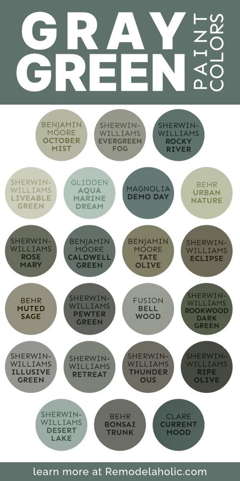 Rustic Indoor Paint Colors, Rustic Home Decor Paint Colors, Green Farmhouse Color Scheme, Green With Gray Undertones, Green Grey Room Bedrooms, Fun Kitchen Paint Ideas, Grey Green Paint Color Bathroom, Gray Green Home Exterior, House Color Schemes Interior Green