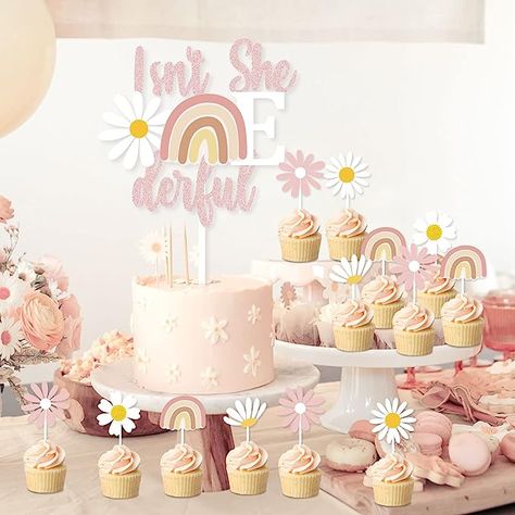 Isnt She Wonderful First Birthday Cake, Daisy 1st Birthday Party, Isn't She Onederful, Birthday Party Decorations Pink, Daisy 1st Birthday, Rainbow Banner, Party Decorations Pink, First Birthday Decor, Baby First Birthday Themes