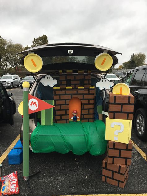 Super Smash Bros Trunk Or Treat, Mario World Trunk Or Treat, Halloween Town Trunk Or Treat Ideas, Super Mario Trunk Or Treat Game, Spooky Mario Trunk Or Treat, Mario Kart Trunk Or Treat Ideas For Cars, Diy Mario Trunk Or Treat, Mario Truck Or Treat, Trunk Or Treat Super Mario Theme