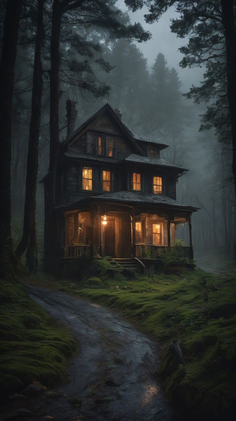 Creepy Cottage, Haunted Cabin, House In A Forest, Gothic Victorian Homes, Haunted House Pictures, Scary Woods, Creepy Atmosphere, Forest Sketch, Spooky Woods