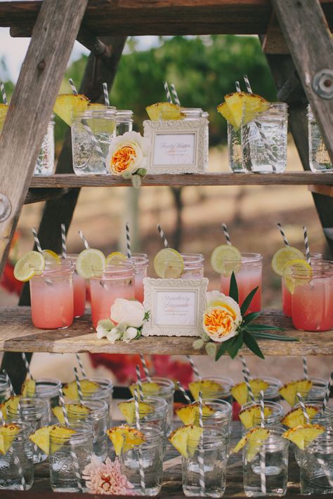 Tropical welcome cocktails | Wedding & Party Ideas | 100 Layer Cake Welcome Cocktail Ideas, Welcome Cocktail Wedding, Tropical Welcome Party, Welcome Cocktail Party, Welcome Cocktail, Wooden Cocktail Table, Coconut Bar, Cocktails Wedding, Bahamas Wedding