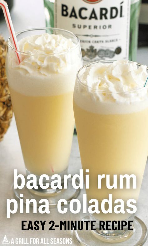 Are you craving a tropical drink? This Bacardi Pina Colada Recipe is calling your name. Make a Classic Frozen Piña Colada with Bacardi rum. The pineapple flavor paired with Bacardi superior rum creates a high quality cocktail that everyone will love. You can make a delicious cocktail full of truly tropical taste right at home. Bacardi Pineapple Rum Drinks, Pina Colada Alcoholic Drink, Mixed Drinks With Bacardi, Bacardi White Rum Cocktails, Cocktails With Bacardi Rum, Raspberry Pina Colada Recipe, Bacardi Rum Drinks Recipes, Shaken Pina Colada Recipe, Bacardi Rum Drinks Easy