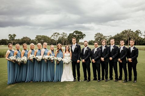 Dusty Blue And Black Wedding, Groom Idea, Blue Groomsmen Attire, Groomsmen In Black, White Tuxedo Wedding, Black Tuxedos, Mens Tux, Slate Blue Wedding, Blue Groomsmen