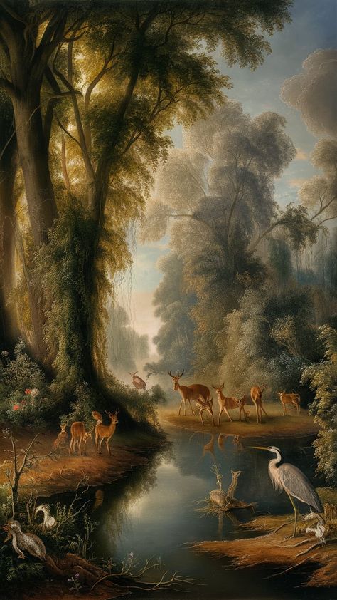 Immerse yourself in 'Dawn's Embrace,' a breathtaking artwork blending Renaissance techniques with Impressionist vibrancy. Experience serene countryside beauty at dawn, where sunlight dances through trees, casting shadows on a mirrored river. Witness lifelike flora and fauna, including deer and herons, in a tranquil atmosphere that evokes awe. Perfect for art lovers and nature enthusiasts. #Art #Nature #Impressionism #Renaissance Casting Shadows, Wall Pics, Pin Ideas, Pretty Backgrounds, Herons, Shadow Art, Romantic Art, Art Nature, Nature Paintings