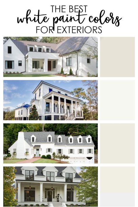 A collection of the best exterior white paint colors for your home. Includes a long list of recommendations and real-life photo examples of the colors on homes. #homeexterior Exterior White Paint Colors, Farmhouse Exterior Paint Colors, White Exterior Paint Colors, Farmhouse Exterior Colors, White Exterior Paint, White Exterior Houses, Best White Paint, Farmhouse Paint Colors, Exterior Paint Color