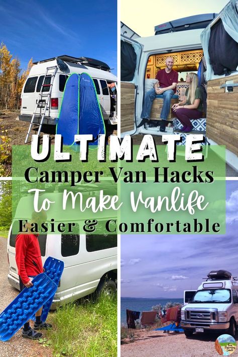 There are a few ways that living in a camper van can be made easier and more comfortable. We have lived in our camper van full-time for over a year, so these little camper van hacks have been a game changer. We just wanted to share a few of our tips and tricks for living your best life on the road! Happy Campervaning! Camper Van Life Hacks, Van Life Tips And Tricks, Mini Van Living, Campervan Life Hacks, Camper Van Must Haves, Van Life Must Haves, Van Life Tips, Camping Van Ideas, Camper Van Hacks