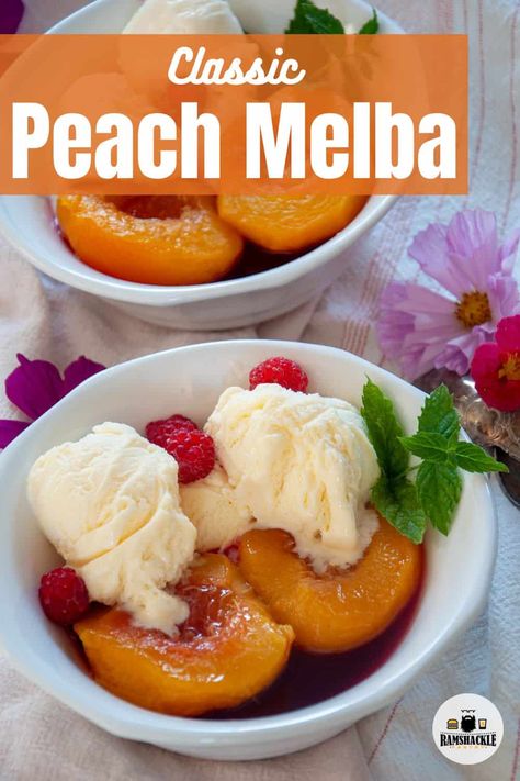 Whisking you away on a sweet journey through time with our Classic Peach Melba! Dive into a bowl filled with poached peaches, zesty raspberry sauce, and the creamiest vanilla ice cream. The perfect treat to bring a touch of classic elegance to your table. Poached Peaches, Peach With Ice Cream, Melba Sauce Recipe, Peaches Over Ice Cream, Peach Melba Recipe, Peach Melba Ice Cream, Peach Melba Dessert, Homemade Peach Icecream, Simple Syrup Cocktails