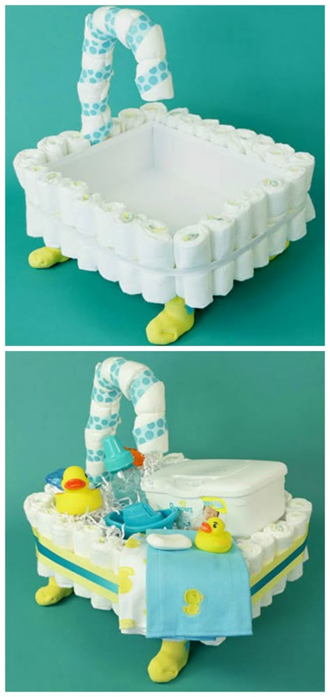 How to Make a Bathtub Diaper Cake Diaper Crafts, Diaper Cake Instructions, Unique Diaper Cakes, Diy Diaper Cake, Girl Diaper Cake, Diaper Gifts, Diaper Cake Ideas, Baby Shower Baskets