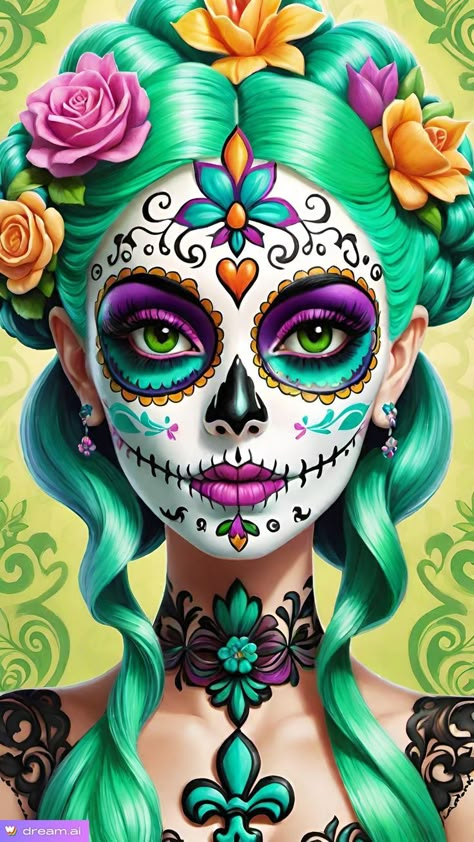 Mexican Sugar Skull Art Beautiful, Sugar Skull Art Painting, Sugar Skull Art Drawing, Sugar Skull Wallpaper, Day Of The Dead Makeup, Skeleton Artwork, Sugar Skull Artwork, Dead Makeup, Mexican Culture Art