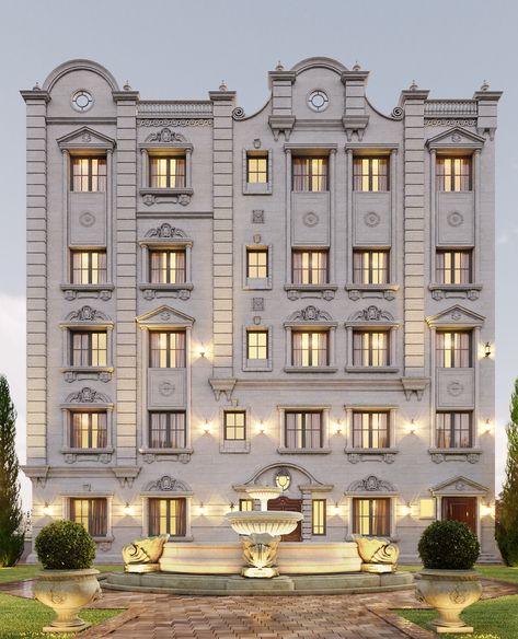 Classic residential building on Behance Classic Building Facade, Classic Residential Building, Classic Facade, Apartments Exterior, Hotel Exterior, Facade Architecture Design, Residential Building Design, Classic House Exterior, Classic Building