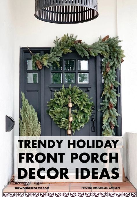 Peace Sign Christmas Wreath, Modern Porch Christmas Decor, Christmas Decor Outdoor Porch, Christmas Topiary Outdoor Front Doors, Simple Front Door Christmas Decor Ideas, Narrow Front Porch Christmas Decor, Christmas Front Doors Entrance, Front Window Christmas Decor Outdoor, Modern Farmhouse Christmas Front Porch