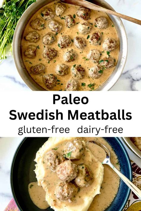 This easy Gluten-Free Swedish Meatballs recipe is a hearty, healthy dinner! Juicy meatballs are coated in a thick, creamy sauce (or gravy, depending on what you call it), all made in one pan! And it's dairy-free, low carb, keto, Paleo and Whole30 friendly! Healthy Hearty Dinner, Paleo Swedish Meatballs, Gluten Free Swedish Meatballs, Dairy Free Meatballs, Ground Beef Paleo Recipes, Meatballs Paleo, Paleo Beef Recipes, Swedish Meatballs Recipe, Paleo Lunches