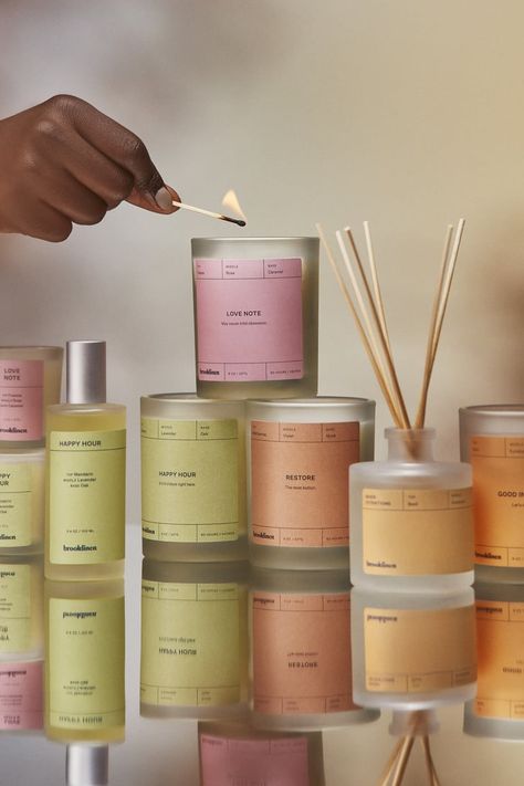 Brooklinen Home Fragrance Collection Scented Candles Product Photography, Colorful Minimalist Home, Scented Candles Product Shoot, Luxury Diffuser Packaging, Home Aroma, Candles Design, Candle Photoshoot, Candle Tags, Neom Candles Luxury