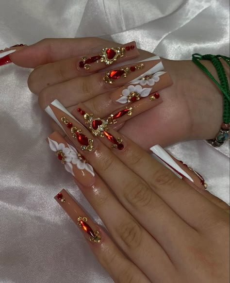 Mexican Nails, Quince Nails, Quinceanera Nails, Red And Gold Nails, Gold Acrylic Nails, Red Acrylic Nails, Long Acrylic Nails Coffin, Acrylic Nails Coffin Pink, White Nail Designs