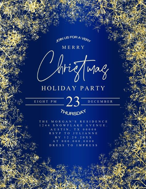 Royal Blue Gold Snowflakes Christmas Party Invitationm christmas holiday party invitations, christmas party flyers, christmas holiday event flyer, gold blue elegant christmas flyer, festive, christmas event flyers, christmas invitations, downloadable flyers, customizable flyers, holiday party invitations, gold snowflakes, royal blue and gold christmas event flyer. Blue And Gold Christmas, Blue Christmas Background, Church Christmas Party, Party Flyers, Christmas Flyer, Christmas Event, Gold Snowflake, Royal Blue And Gold, Event Flyers