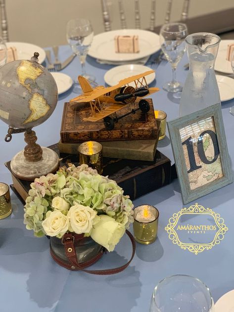 Travel Shower Centerpieces, Travel Theme Table Setting, Aviation Centerpiece Ideas, Travel Centerpieces Party Ideas, Travel Themed Centerpieces, Adventure Centerpieces, Travel Theme Centerpiece Ideas, Travel Themed Wedding Centerpieces, Travel Theme Wedding Centerpieces