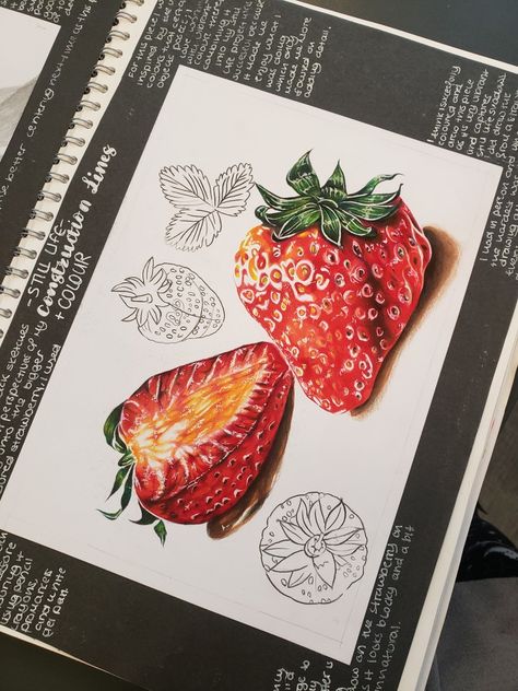 A realistic strawberry study by Kasia Kowalska, x_kasia.k_x on Instagram. Natural Forms A Level, Natural Form Art Gcse, Food Art Gcse, Fruit Art Gcse, Portfolio Art Ideas, Natural Forms Gcse Title Page, Natural Forms Art, Aging Art, Gcse Portfolio