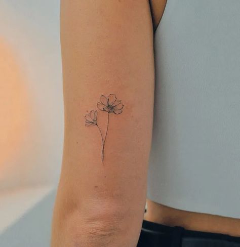 Cosmo Floral Tattoo, Two Cosmos Flowers Tattoo, Small Cosmo Flower Tattoo, Cosmos And Poppy Flower Tattoo, Poppy And Cosmos Tattoo, Flower Tricep Tattoo, Violet Line Tattoo, Small Cosmos Flower Tattoo, Cosmo Birth Flower Tattoo