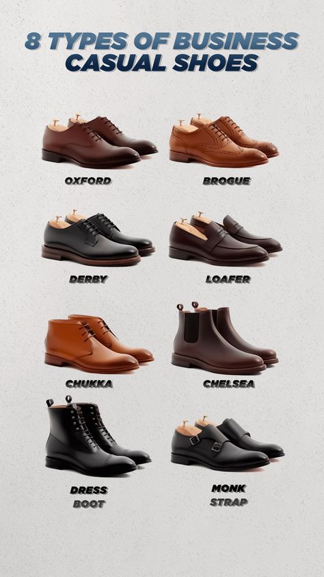 8 TYPES OF BUSINESS CASUAL SHOES Mens Dress Shoes Guide, Types Of Business, Shoes Guide, Shoe Chart, Business Casual Shoes, Oxford Brogues, Boot Straps, Mens Dress, Strap Dress