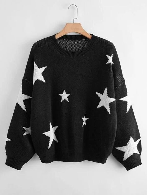 Knitted Streetwear, Sweater Star, Star Graphic, Star Clothing, Y2k Sweater, Star Sweater, Drop Shoulder Sweaters, Plus Size Sweaters, Star Pattern