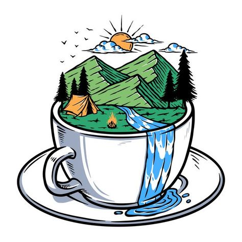 Mountain view in coffee cup illustration... | Premium Vector #Freepik #vector #wood #nature #cartoon #mountain Mountain Illustration Design, Mountain Cartoon, Coffee Cup Illustration, Cartoon Mountain, Nature Cartoon, Cup Illustration, Nature Canvas Art, Mountain Illustration, Mountain Design