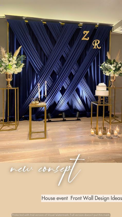 Navy Blue Wedding Backdrop, Event Backdrops, Engagement Decoration, Front Wall Design, Curtains Classic, Curtains Decor, Modern Shabby Chic, Curtain Decoration, Diy Wedding Backdrop