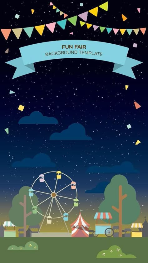 Flat vertical illustration of carnival, circus, fun fair or amusement park with sky at night background have blank space. Night market illustration template. Fun Park Aesthetic, Fun Fair Poster, Night Market Illustration, Fun Fair Aesthetic, Amusement Park Illustration, Fair Background, Carnival Invite, Carnival Illustration, Vertical Illustration