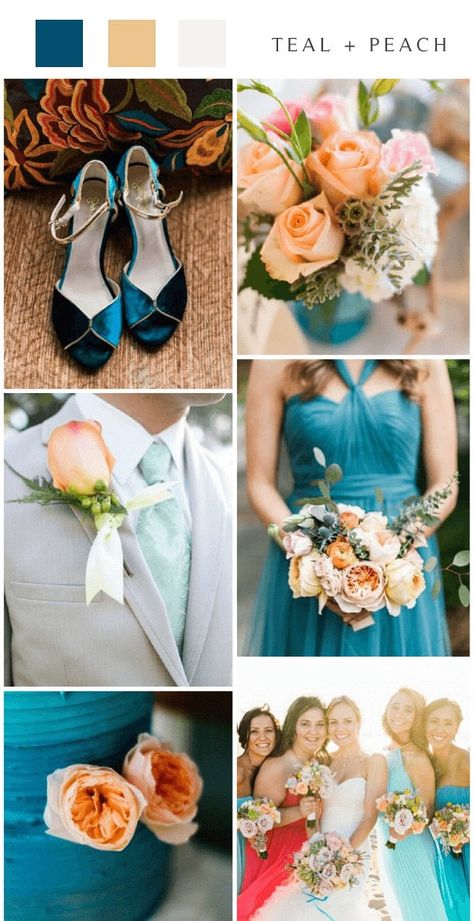 Teal Peach Wedding, Teal And Peach Wedding, Teal Fall Wedding, Teal And Peach, Fall Wedding Color Ideas, Peach Wedding Colors, Teal Wedding Colors, Burgundy Wedding Colors, Fall Wedding Bridesmaids