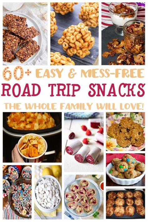 It's summer vacation time! Check out this list of over 60 easy to make and pack road trip snacks the whole family can enjoy in the car. Road Trip Desserts, Food For Lake Trip, Road Trip Food Recipes, Homemade Snacks For Traveling, Road Trip Snacks Recipes, Travel Snack Recipes, Treats That Travel Well, Christmas Road Trip Snacks, Healthy Snacks For Traveling In The Car