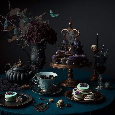 Gothic Victorian Birthday Party Ideas, Tea Pot Collection, Dark Fantasy Party, Haunted Tea Party, Dark Fairytale Party, Victorian Gothic Birthday Party, Moody Tea Party, Vampire Tea Party, Dark Academia Tea Party