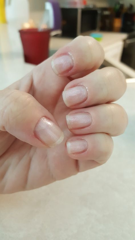 Totally diggin this manicure. Pearlescent polish over nail strengthener after a good scrub in baking soda and h2o2 to whiten and clean, cuticle dissolver, pumice stone cuticle pusher, nippers cleaned up the rest, then finished off with buffing, cuticle oil, hand lotion and slept in vaseline coated cuticles and nail beds and here is the result. I wish I had taken a before shot Diy Natural Detergent, Dip Manicure, Cuticle Softener, Nail Beds, Baking Soda Beauty Uses, Cleaning Advice, Lip Care Routine, Pumice Stone, Health Planner